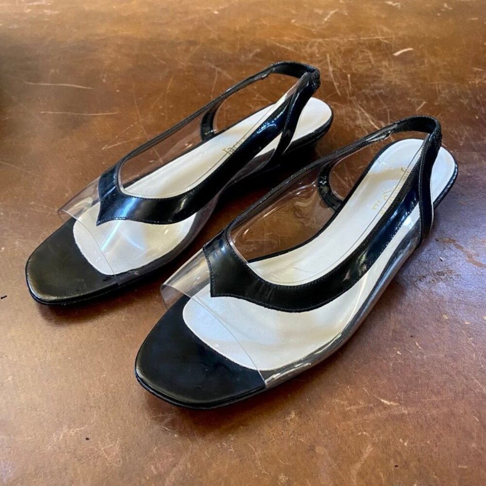 Vintage Jack Rogers USA Peep Toe Leather Acrylic Clear Slingback Sandals Size 9M